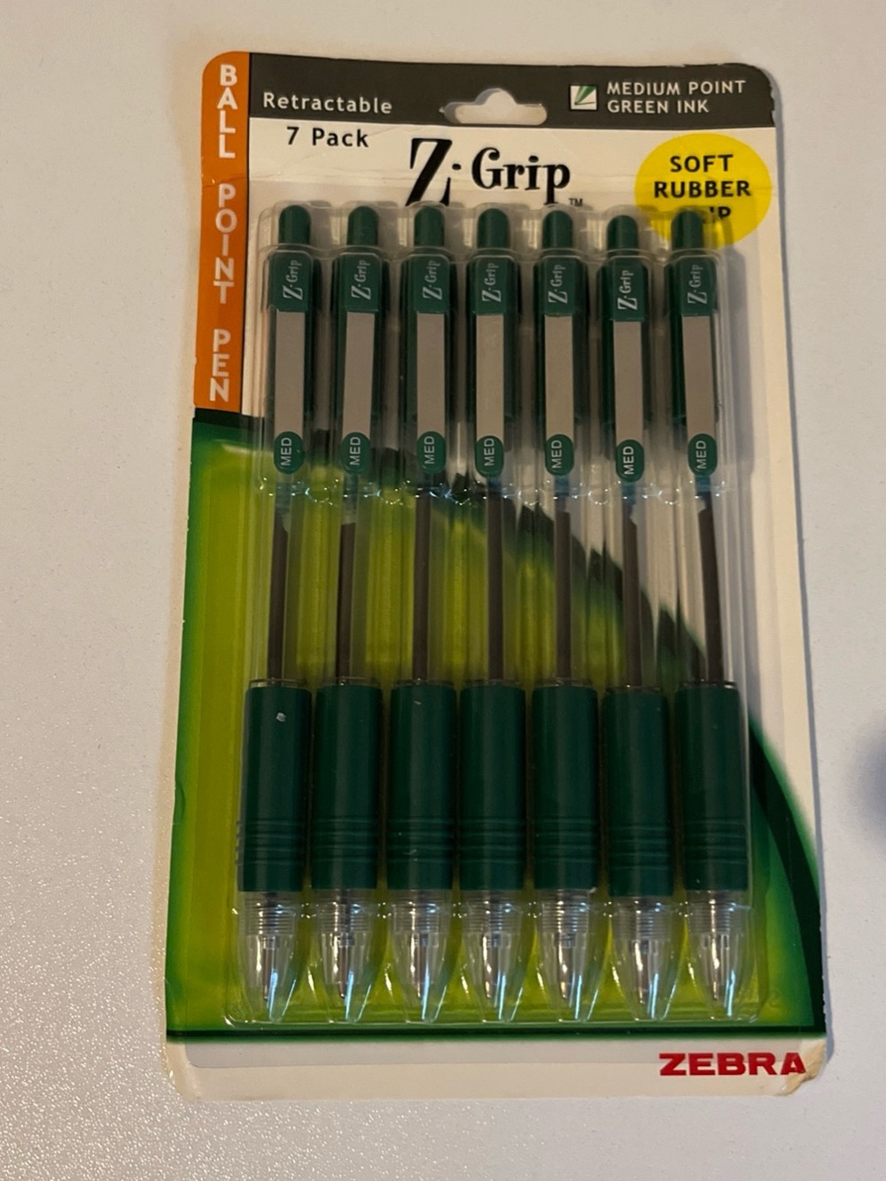 Zebra Z-Grip Retractable Ballpoint Pens - Green Ink - 7 Pack medium point 1.0 mm